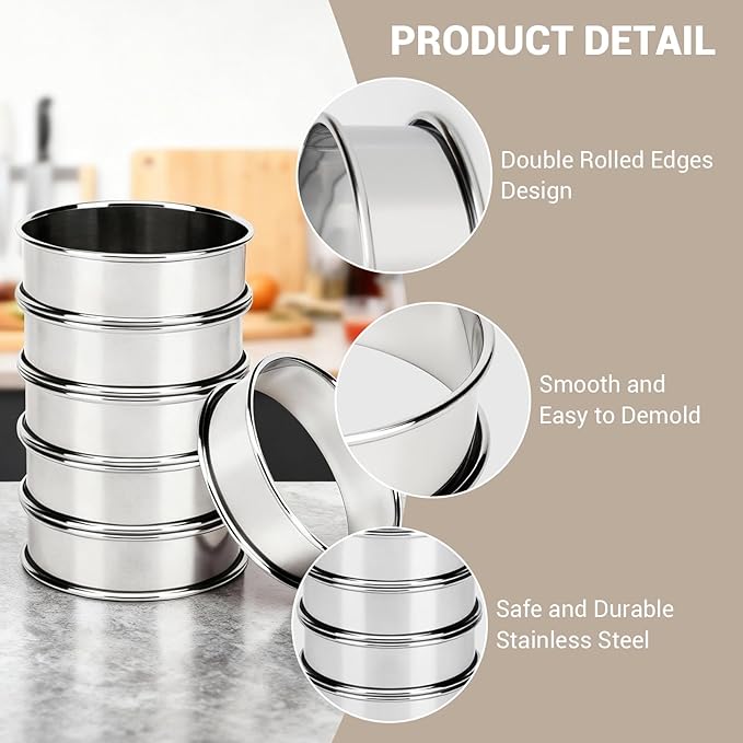 24 Packs Cookie Rings for Baking, 3 Inch English Muffin Ring, Round Metal Pastry Molds, Double Rolled Stainless Steel Tart Maker with Silicone Brush, Cooking Pancake Tools
