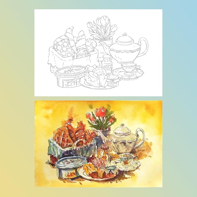 Lightwish Watercolor Coloring Book for Adults & Beginners, 100% Cotton 300gsm/140lb Acid-Free Hot Press Paper, 8.3 x 5.6 Inches, 15 Sheets, Floral-Themed