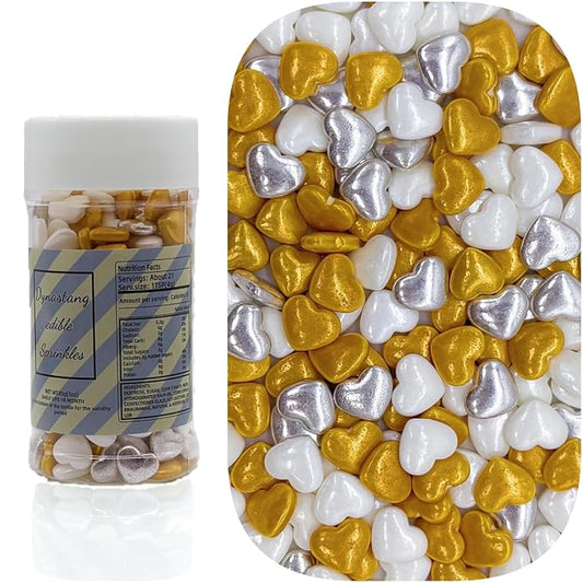 Dynastang Gold & White Heart Sprinkles Edible Heart Cake Decorating Heart Cake Decorations Cupcake Toppers Cookie Decorating Perfect for Cakes, Cupcakes, Desserts Toppings 3OZ