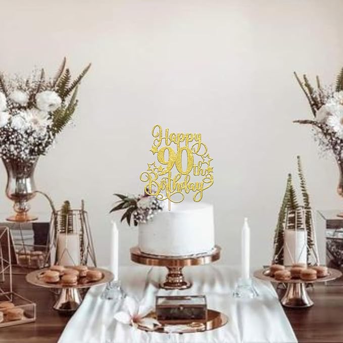 1 PCS Happy 90th Birthday Cake Topper Glitter Cheers to 90 Years Birthday Cake Pick Hello 90 Fabulous Cake Decoration for Happy 90th Birthday Anniversary Party Decorations Supplies Gold