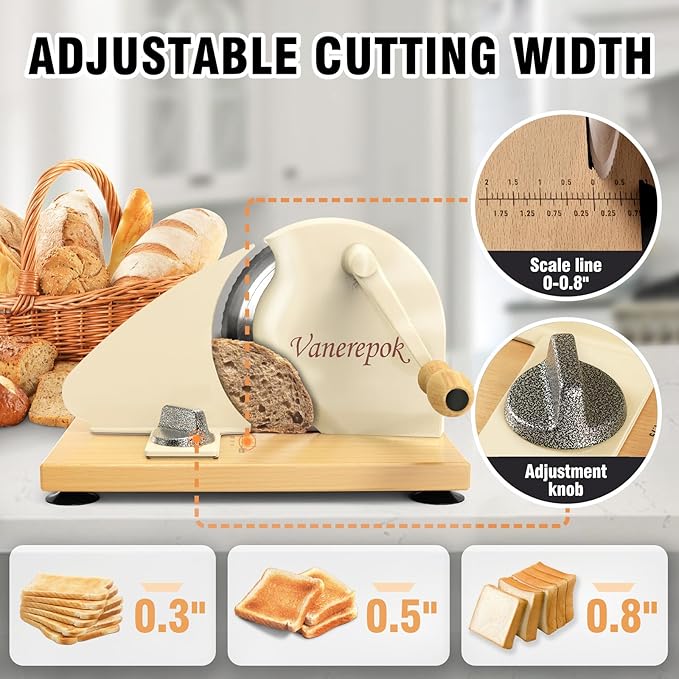 vanerepok Manual Bread Slicer for Homemade Sourdough Bread Versatile Hand Crank Bread Slicer for Sourdough Crusty Bread Etc Stainless Steel Slicers Adjustable Width for Homemade & Commercial Use