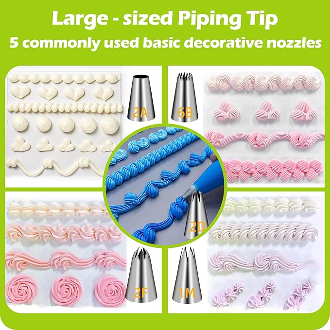 Suuker Large Piping Tips Set, Stainless Steel | Seamless, Cake Decorating Tips, Pastry Tips & Piping Bags, Frosting Icing Tips, 1M 2D 2F 6B 2A