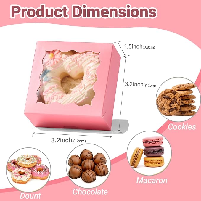 50PCS 3¼" x 3 ¼" x 1 ½" Pink Bakery Boxes with Window - Small Pastry Gift Boxes for Cookies Macarons Truffles Valentine's Day Wedding Birthday Party Favor