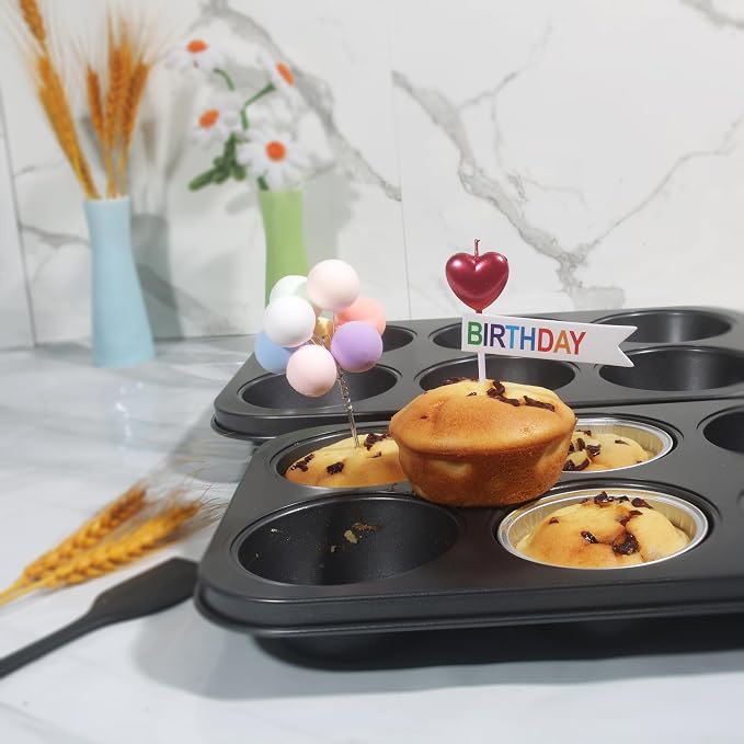 Non-Stick Black Jumbo Muffin Pans, 6-Cup Set of 2 | Carbon Steel, Spatula Included for Extra-Large Muffins & Cupcakes
