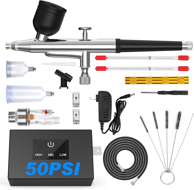 Airbrush Kit with Air Compressor, 50 PSI Clog-Resistant Air Brush Set, Dual Action Airbrush Gun with 3 Nozzles, Cleaning Kit for Painting, Models, Nails, Makeup, Cake Decorating