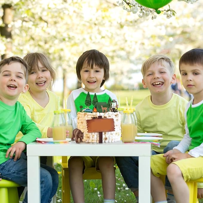 Camping Cake Toppers 12Pcs Camping Themed Party Decoration Include Tent Bonfire Tree Boat Deer for Kids Adults Adventure Theme Birthday Party Supplies