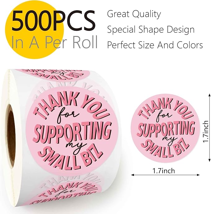 Pink Thank You Sticker Paper Decal Cute Adhesive Seal Sticker, Decor for Party Small Business, 1.7 inch / 500pcs