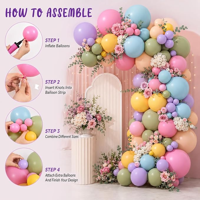 Flower Balloon Arch Kit, 122Pcs Hot Pink Pastel Blue Dusty Green Macaron Orange Lavender Purple Yellow Balloons for Girls Spring Party Boho Baby Shower Flower Birthday Garden Party Decorations