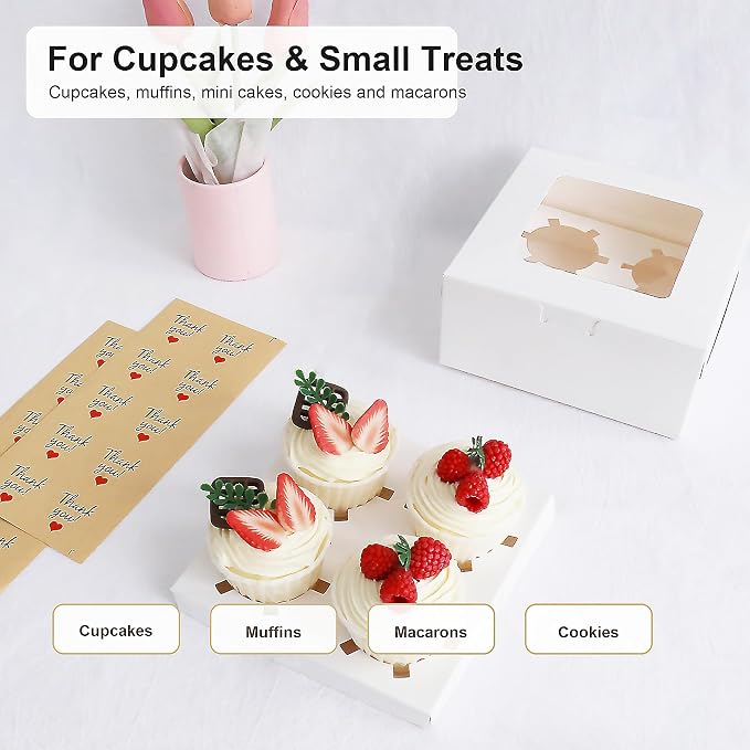 Cupcake Boxes 4 Count with Window, Bakery Boxes, Muffin Containers, Food Grade, Easy Assembly for Candies, Mini Cakes and Baked Goods - 6.3x6.3x3, 30 Pack