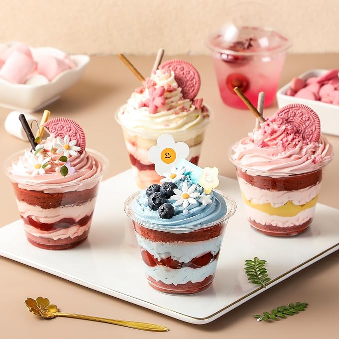AOZITA 100 Sets, 9 oz Clear Plastic Cups with Dome Lids (No Hole) - Disposable Cups for Ice Cream,Cake,Fruit,Parfait, Dessert, Pudding and Jello Shot ﻿