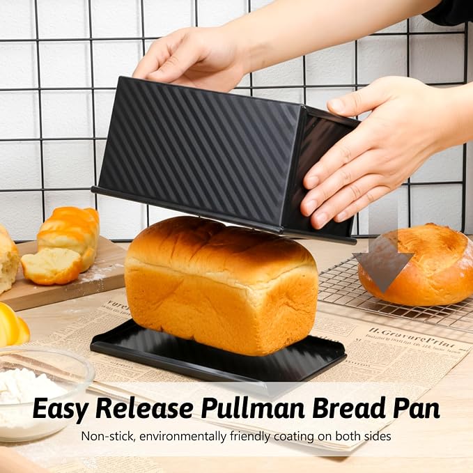 2 Pack Black Pullman Loaf Pan with Lid, Non-Stick Bread Pan for Sourdough, 2.2lb & 1lb Carbon Steel Corrugated Square Toast Tin, Carbon Steel Toast Box with Cover for Homemade Bread Sandwich