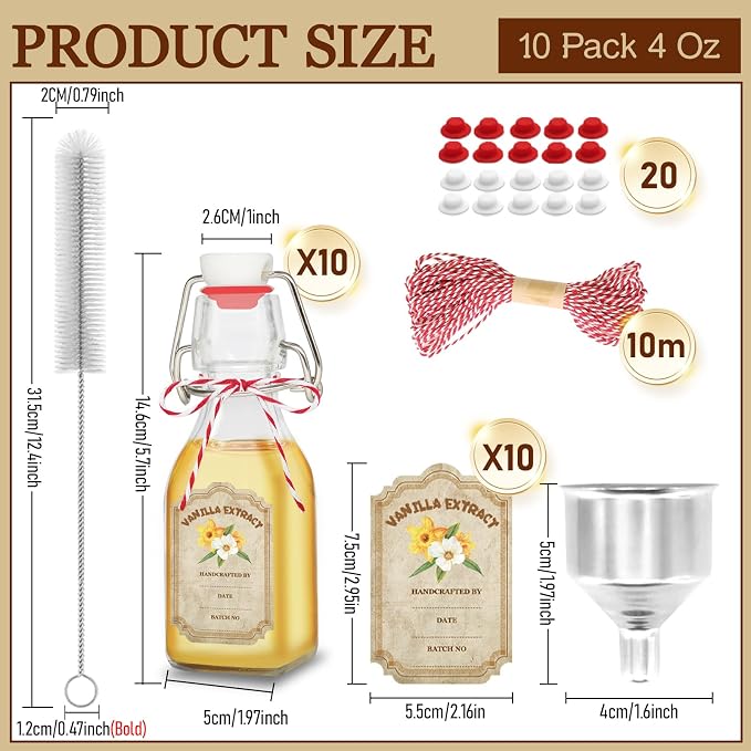 10 Pack Swing Top Glass Vanilla Extract Bottles 4 oz with Lids, Vanilla Extract Labels and Funnel, Glass Boston Bottles for Syrup Gift, Flip Top Jars