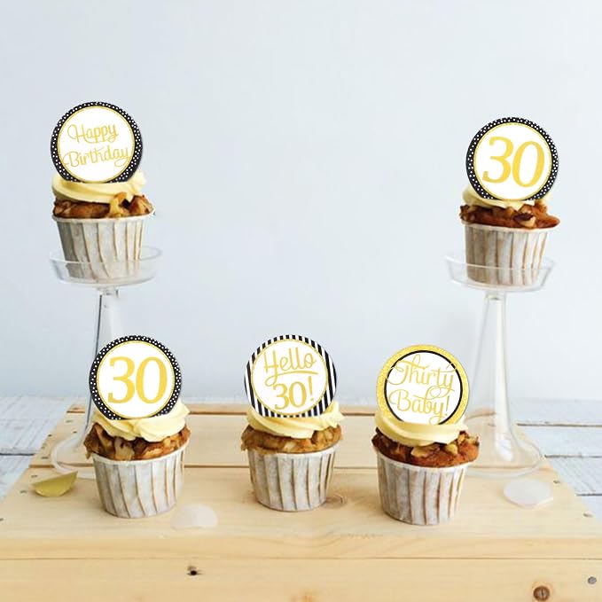 40Pcs Edible Circle Happy 30th Birthday Cupcake Toppers Edible Golden Hello 30 Thrity Baby Cupcake Picks Drink Toppers for Funny 30th Birthday Party Decorations
