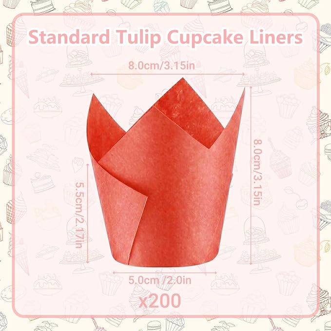 200 Pcs Red Tulip Cupcake Liners for Baking, Standard Size | Standard Greaseproof Tulip Muffin Liners for Baking, 3oz Red Paper Cupcake Wrappers for Party Wedding Birthday