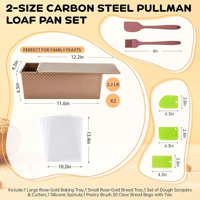 2 Pack Pullman Loaf Pan with Lid - 2.2LB Non-Stick Bread Pan, Carbon Steel Square Toast Mold with Silicone Spatula & Oil Brush, Baking Kit for Homemade Sandwich & Sourdough, Housewarming Gifts