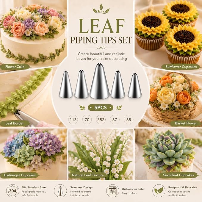 5 Pcs Leaf Piping Tips Set, 67, 68, 70, 352, 113, Stainless Steel Cake Decorating Tips, Frosting Icing Nozzles for Cupcakes, Cakes, Cookies