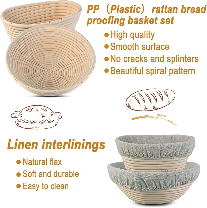 Sourdough Bread Baking Supplies, 2 Pack Banneton Bread Proofing Basket with Liners- 10" Round & 8" Oval, Brotform Proofing Baskets Ideal for Sourdough and Artisan Bread Making