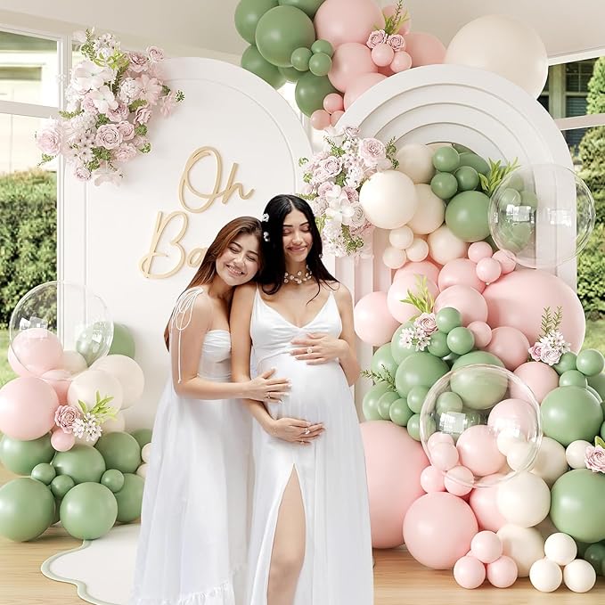 Sage Green Pink Balloon Arch kit,124Pcs Pastel Pink Green Sand White Peach Balloon Arch Graland Kit for Baby Shower Wedding Bridal Birthday Gender Reveal Party Decorations