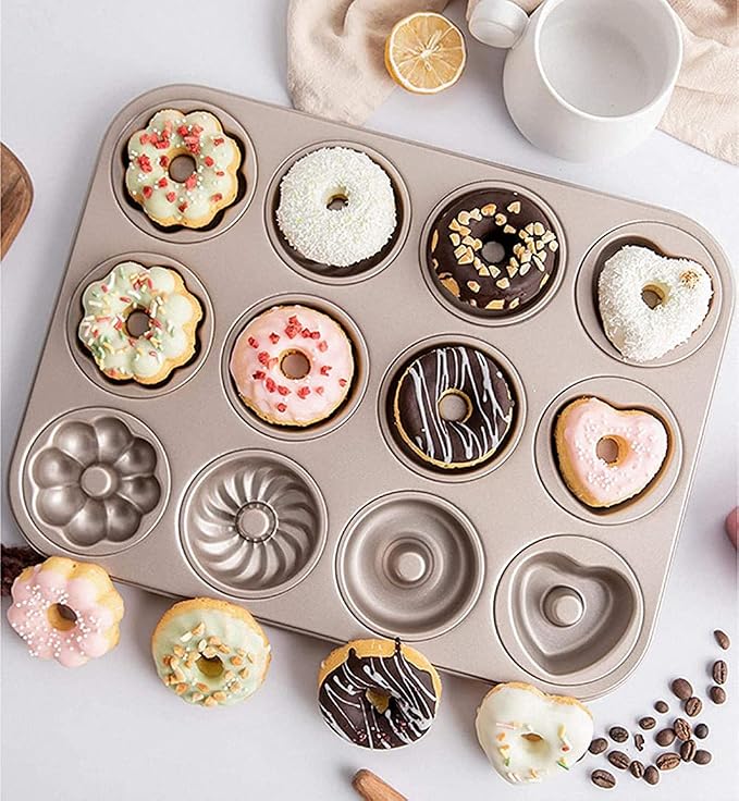 Ulalaza Donut Pan Molds Non-Stick 12-Cavity Carbon Steel Donut Mold for Baking BPA Free Mold Sheet Tray Oven Microwave Dishwasher Freezer Safe Easy Clean