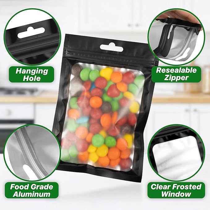 100 PCS Resealable Bags with Frosted Clear Window Packaging Bags Foil Pouch Zipper Bag for Food Self Sealing Storage (Black, 4.72x7.87)