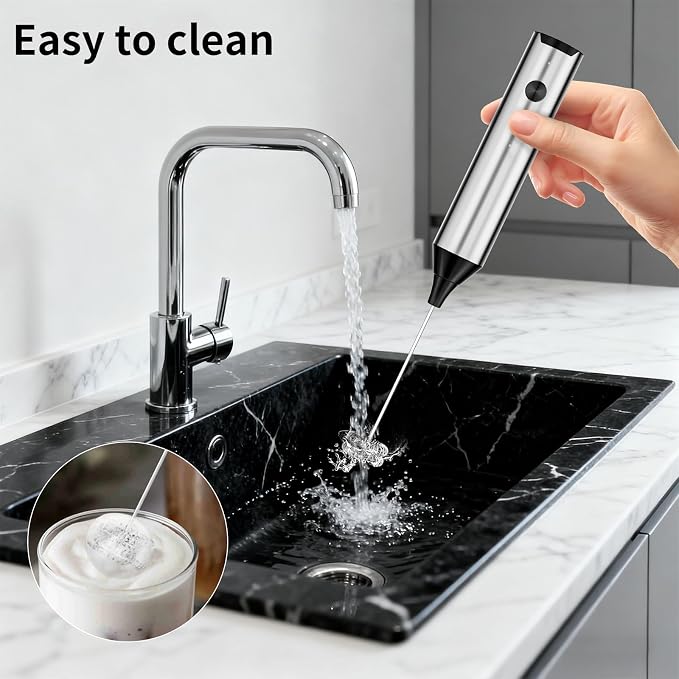 Rechargeable Hand Frother with Stand, Handheld Milk Frother for Coffee, Drink Mixer Frother Wand Electric Whisk Stirrer for Matcha, Latte, Hot Chocolate, Cappuccino (Stainless Steel)
