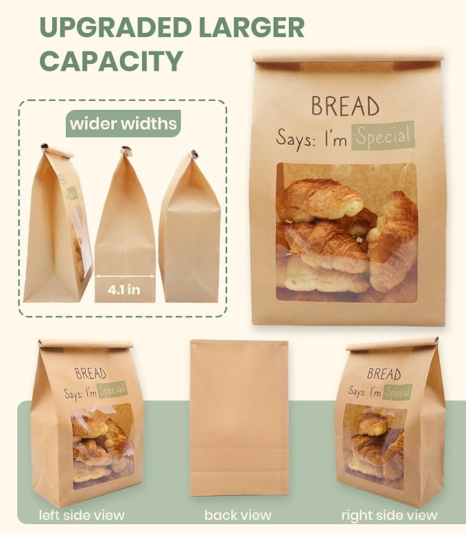 100 Pack Resealable Sourdough Bread Bags with Tabs for Gifting Round Loaf | Bulk Kraft Paper Homemade Sour Dough Gift Giving Bag with Window | Large Brown Bakery Baked Goods Packaging 13.6x8.3x4.1in