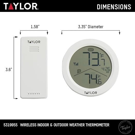 Taylor Digital Wireless Round Indoor Comfort Level Thermometer and Clock, Wireless Remote Sensor, Easy-to-Read Display for Home, Office, Greenhouse, Nursery, and Indoor Areas, LCD, White