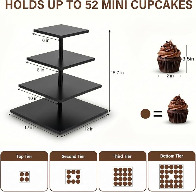 Wooden 4 Tier Cupcake Stand for 50 Cupcakes,Cupcake Holder,Cupcake Tower,Tiered Tray Stand for Birthday Bar Décor Weddings,Parties Events, Black