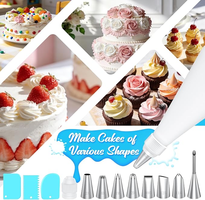 Piping Bags and Tips Set, 16 Inch Cotton Reusable 2 Piping Bags, 7 Piping Tips, 2 Couplers, 1 Puff Tip, 1 Brushes, 3 Scrapers. Icing Bags and Tips Set for Cakes/Cupcakes Decorating.