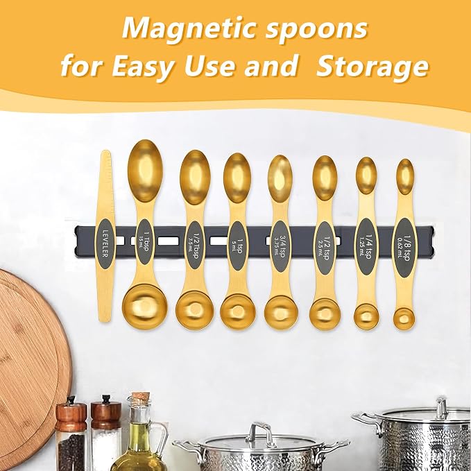 Magnetic Measuring Cups & Spoons Set for Cooking, 15pcs | 7 Gold Measuring Cups, 7 Double-Sided Measuring Spoons & 1 Leveler, Gold Baking Kitchen Gadgets for Dry & Liquid Ingredients