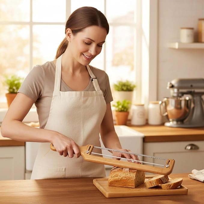 Adjustable Bread Slicer & Knife Set: Stainless Steel Blade with Wooden Handle, Even Slices for Homemade Sourdough and Crusty Breads in Home Kitchens for Baking Enthusiasts