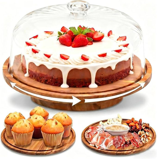 cutesun Cake Stand with Lid, 10.8'' Shatterproof Acrylic Dome (Not Glass), 11.8'' Rotating Acacia Wood Cake Display Stand for Wedding Birthday Party Dessert