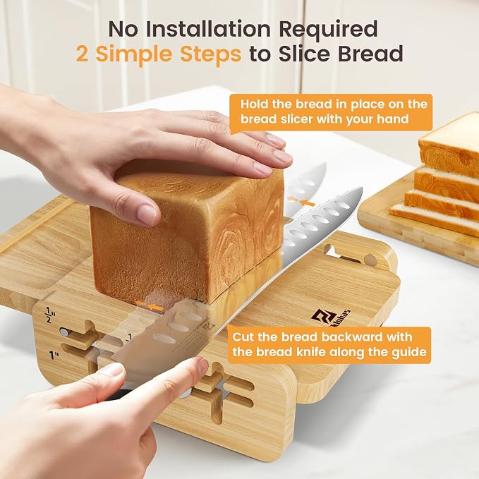 Bamboo Cutting Boards Large Set of 4 for Kitchen+Bread Slicer with Bread Knife