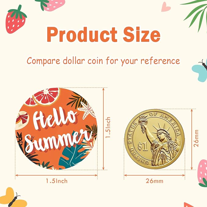 Louise Maelys 500 Pcs Tropical Plant Friut Hello Summer Stickers Roll, 1.5 Inch Happy Holiday Lable for Kids and Adult, Adhesive Decoration Round Labels for Baking Card Gift Envelope Craft Making