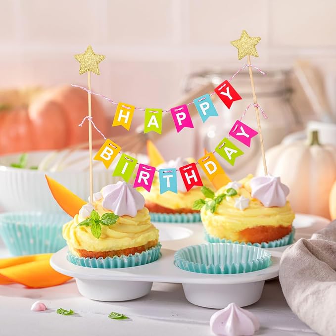 1 Set Mini Rainbow Cake Topper, Happy Birthday Cake Flag Banner, Golden Star Cake Topper, Colorful Rainbow Cake Decoration for Boys Girls Birthday Baby Shower Party Baking Decoration Supplies, Style 2