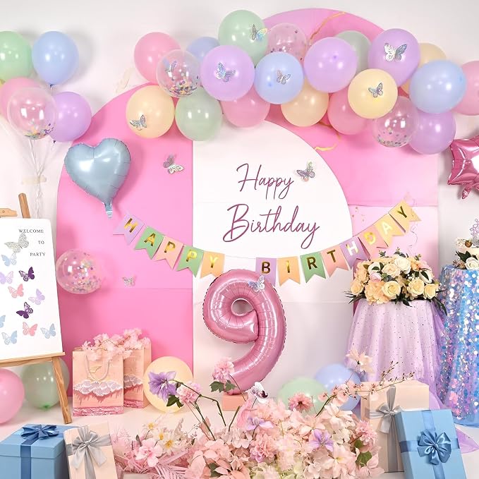 Pastel 9th Birthday Decorations for Girl,Macaron Rainbow 9th Party Decoration Colorful Balloons Banner Star Heart Number 9 Foil Balloon Cake Topper Butterfly Party Decorations