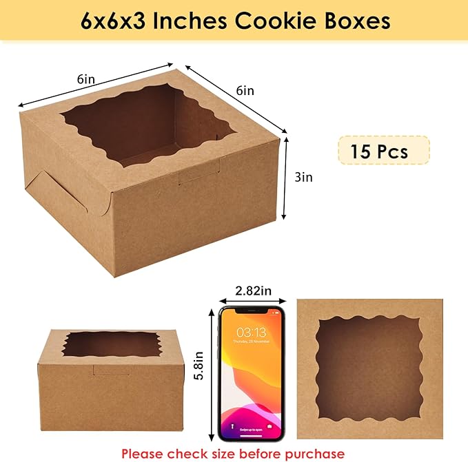 Moretoes 15pcs Cookie Boxes with Window, 6x6x3in Brown Bakery Boxes for Treats, Small Cake, Desserts, Donuts, Pastry