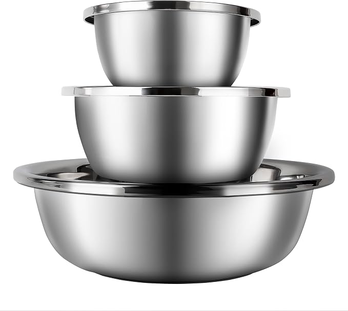Mixing Bowls Set of 3, Stainless Steel, 7.9, 10.2 and 14.2 Inch | Three stainless steel bowls in 7.9, 10.2 and 14.2 inch sizes for baking, dough, salads and everyday kitchen prep