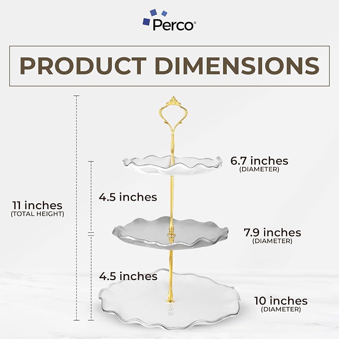 Perco 3 Tier Ceramic Cupcake Stand for 20 Cupcakes – Tiered Dessert Stand & Serving Tray, Elegant Gold Accent Dessert Table Display Set for Weddings, Birthdays & Events