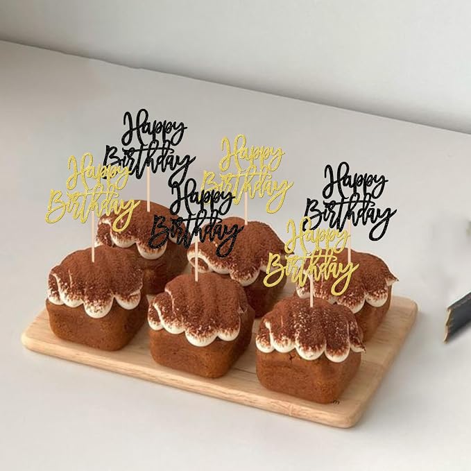 24 PCS Happy Birthday Cupcake Toppers Glitter Happy Birthday Cupcake Picks for Celebrating Anniversary Theme Party Cake Decorations Supplies Black Gold