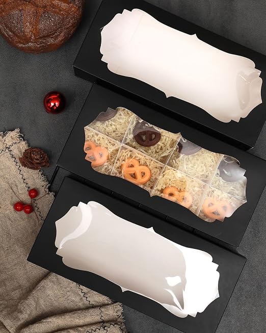 qiqee Black Cookie Box with Window 12x5.5x2.5 inch 24Pcs Two Uses Donut Bakery Box for Packaging(24pcs Bakery Boxes+12 Sets Cookie Dividers+25pcs Sliver Stickers)