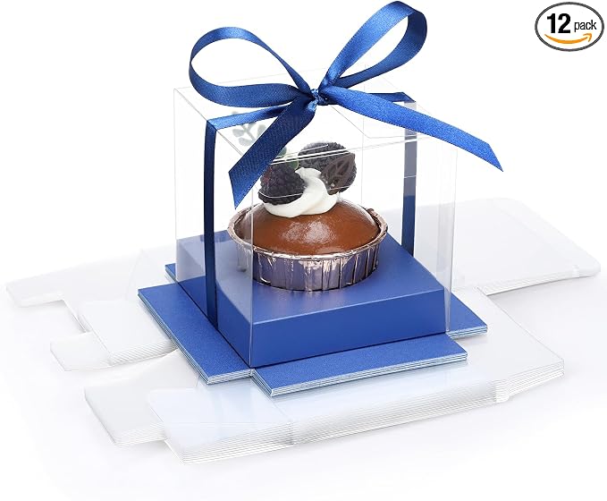 EUSOAR Cup Cake Boxes Individual, 12 Pcs 3.5 Inch Clear Single Individual Pastry Cupcake Containers with Inserts, Dessert Muffin Holder Disposable Cake Carrier for Wedding Party Favor Decor-Royal Blue