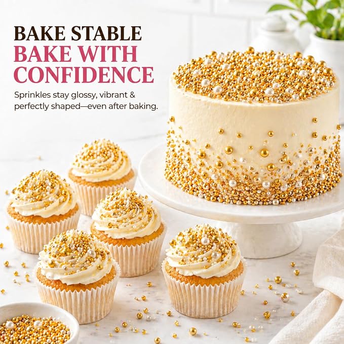 Confect Pearl Sprinkles | Christmas | Golden Sunshine Disco Ball Mashup Mix Champagne Gold Dragees Golden Sparkling Sugar - Vegan, Gluten-Free, Nut-Free, Soy-Free, Dairy-Free, Palm Oil-Free, No Artificial Dyes - 5 Oz