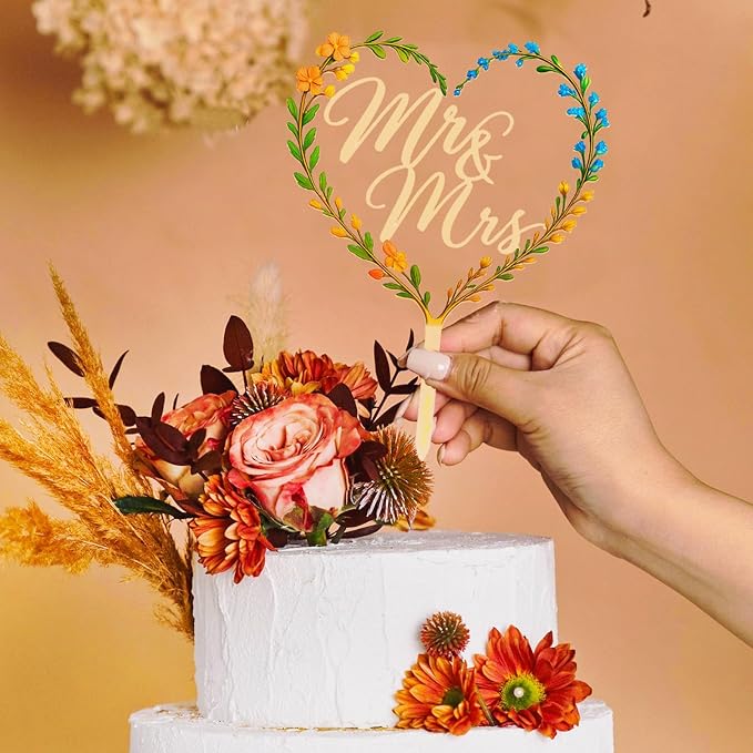 Rustic Wooden Mr and Mrs Cake Topper – Boisdubois Elegant Floral Heart Wedding Decoration for Bride & Groom, Weddings, Engagements, Anniversaries & Bridal Showers