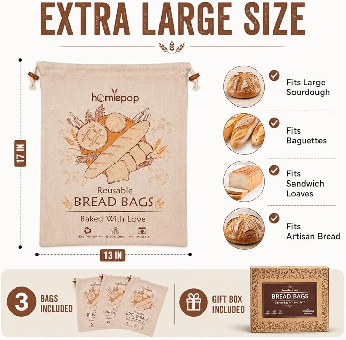 3 Pack Bread Bags for Homemade Bread – Reusable Linen Bread Storage Bags with Food-Safe Inner Lining, Keeps Bread Fresh Longer, Large 17 x 13 Inch Sourdough Bread Bags, Washable, Gift Box Included