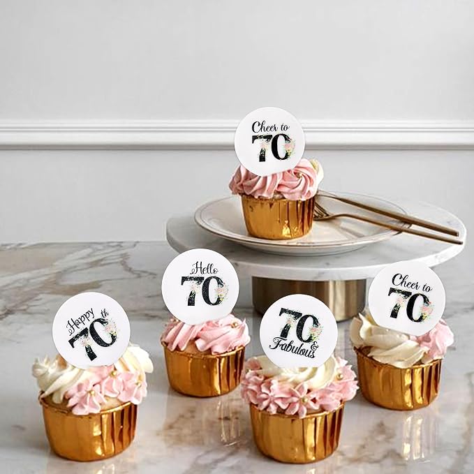 40Pcs Edible Circle Happy 70th Birthday Cupcake Toppers Edible Floral Hello 70 Fabulous Cheers to 70 Cupcake Picks Drink Toppers for Funny Female Floral 70th Birthday Party Decorations