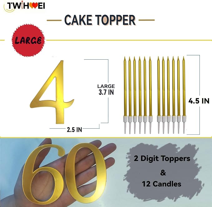 3.7IN Gold Acrylic Number 4 Cake Topper with 12 Gold Long Candles - Perfect for 4th Birthday Party Supplies, Ideal for Cake Decoration
