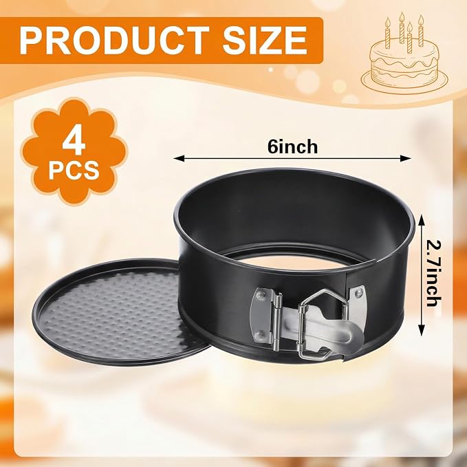 4 Pcs 6 Inch Springform Pan Set, Nonstick Round Cheesecake Pan with Removable Bottom, Baking Cake Mold with Stainless Steel Spring Buckles for Cheesecake, Pie, Pizza, Quiche, Black Bakeware