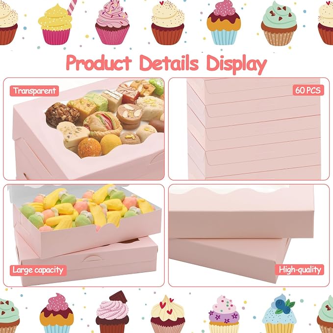 60Pcs 7 x 4 3/8 x 1½ Inch Cookie Boxes with Clear Window Small Pink Cookie Boxes Bakery Treat Boxes for Dessert, Donuts, Pie, Candy, Macaron