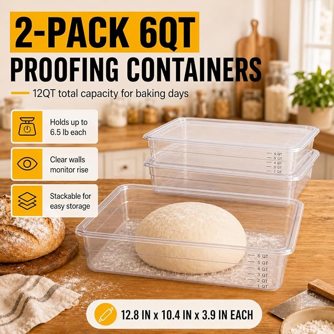 Sourdough Proofing Containers, 2 Pack 6QT Clear Dough Rising Boxes with Lids, Stackable Bulk Fermentation Containers for Bread Baking, Sourdough & Pizza Dough